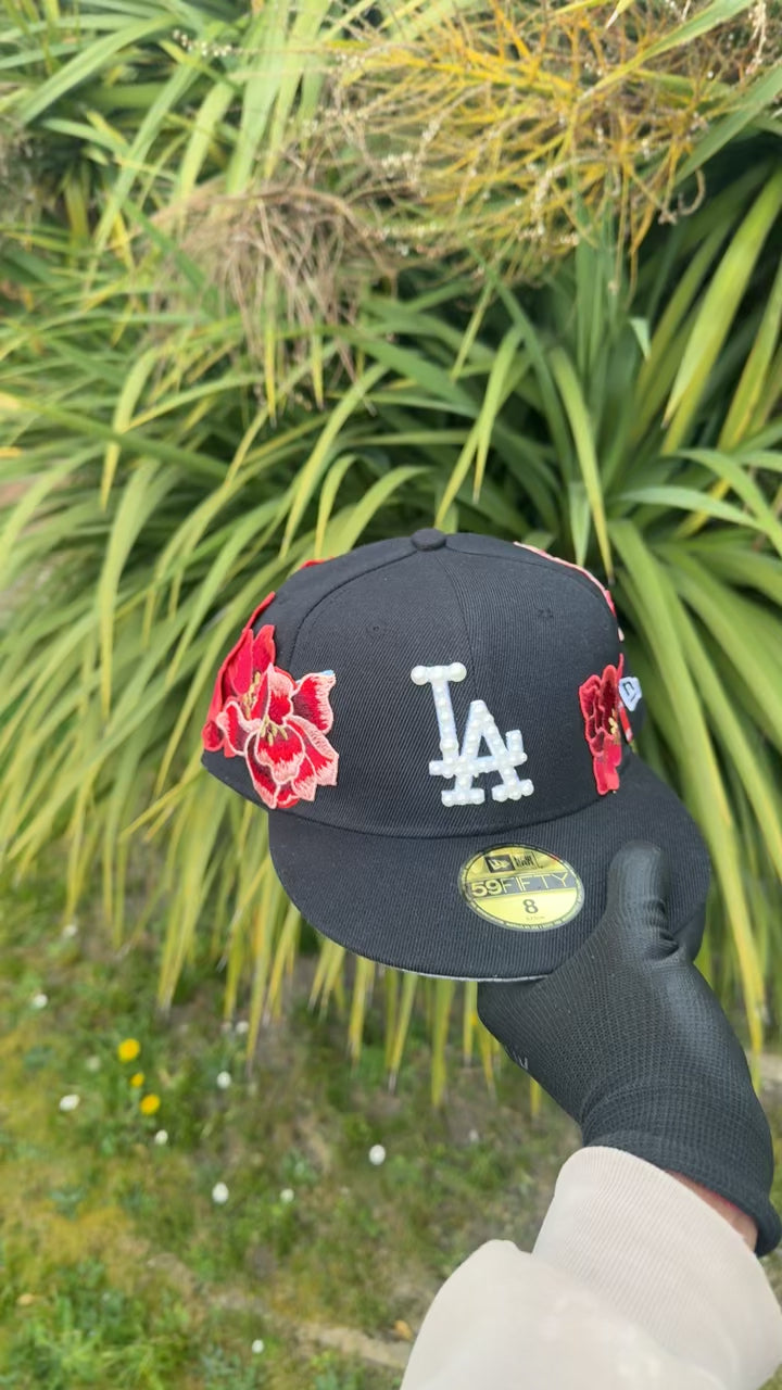 Black Custom Pearl & Floral LA Dodgers New Era Fitted Hat 1/1